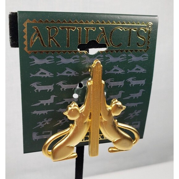 Vintage 1986 JJ Jonette Gold Tone Cat BookEnds Artifacts Brooch - Picture 5 of 7